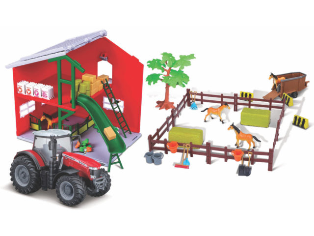 BBURAGO FARMLAND PLAYSET - HORSE STABLE WITH MASSEY FERGUSON TRACTOR