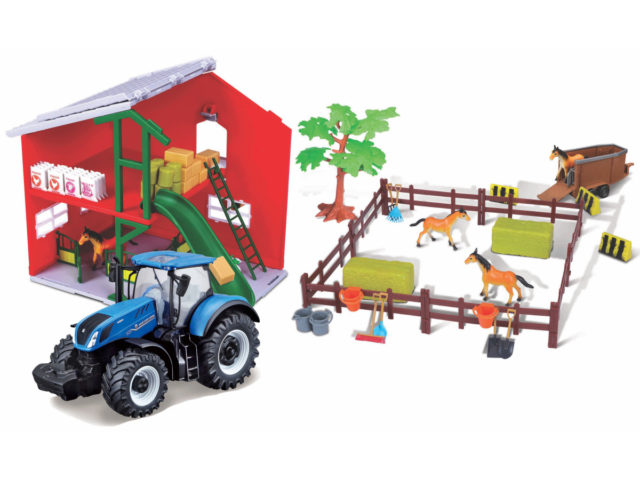 BBURAGO FARMLAND PLAYSET - HORSE STABLE WITH NEW HOLLAND T7.315 HD TRACTOR